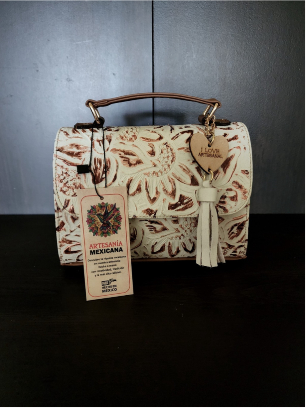 White Bronze Brown Sunflower Embossed Tooled Artisan Leather Crossbody Purse - Picture 4 of 16
